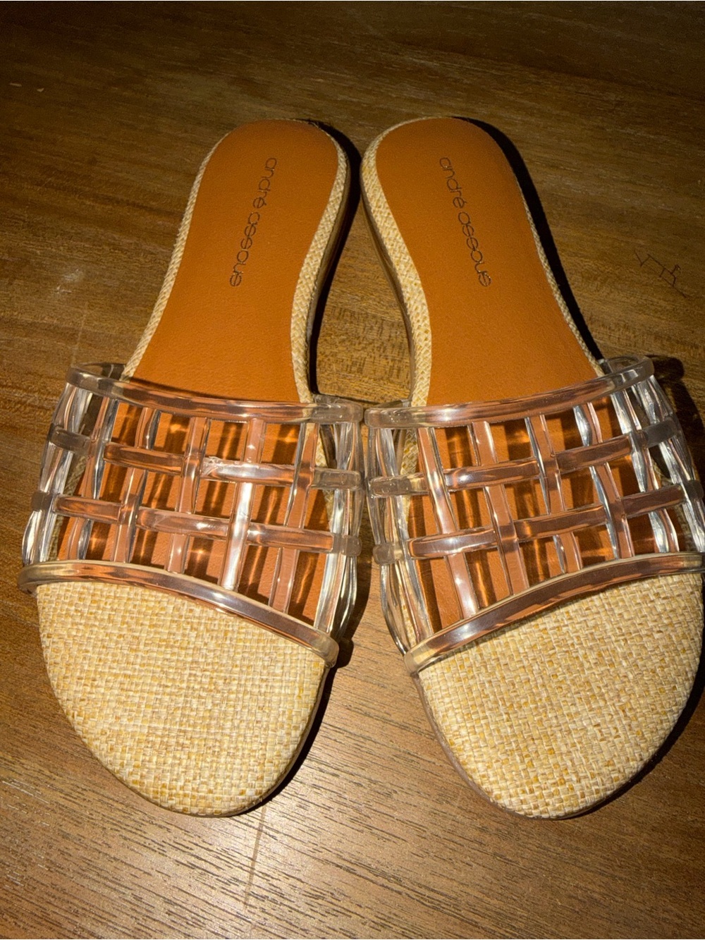 Andre Assous Clear Woven Slide Sandals with Natural Tan Footbed